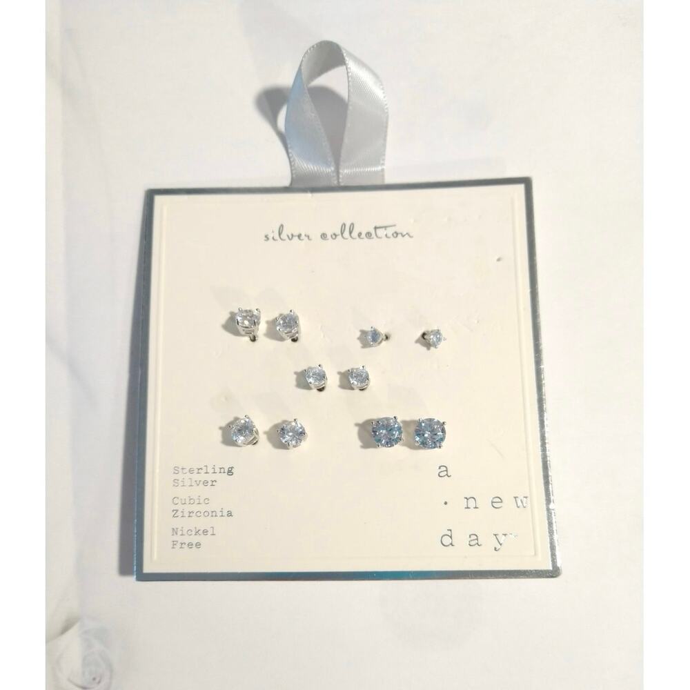A New Day 925 Sterling Silver Round Cut CZ Stud Earrings Posts Nickel Free 5Pcs